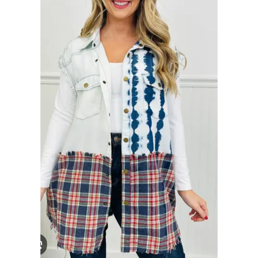 4589) Oli & Holi Patchwork Sleeveless Denim,  Plaid, Tie Dye Vest Medium